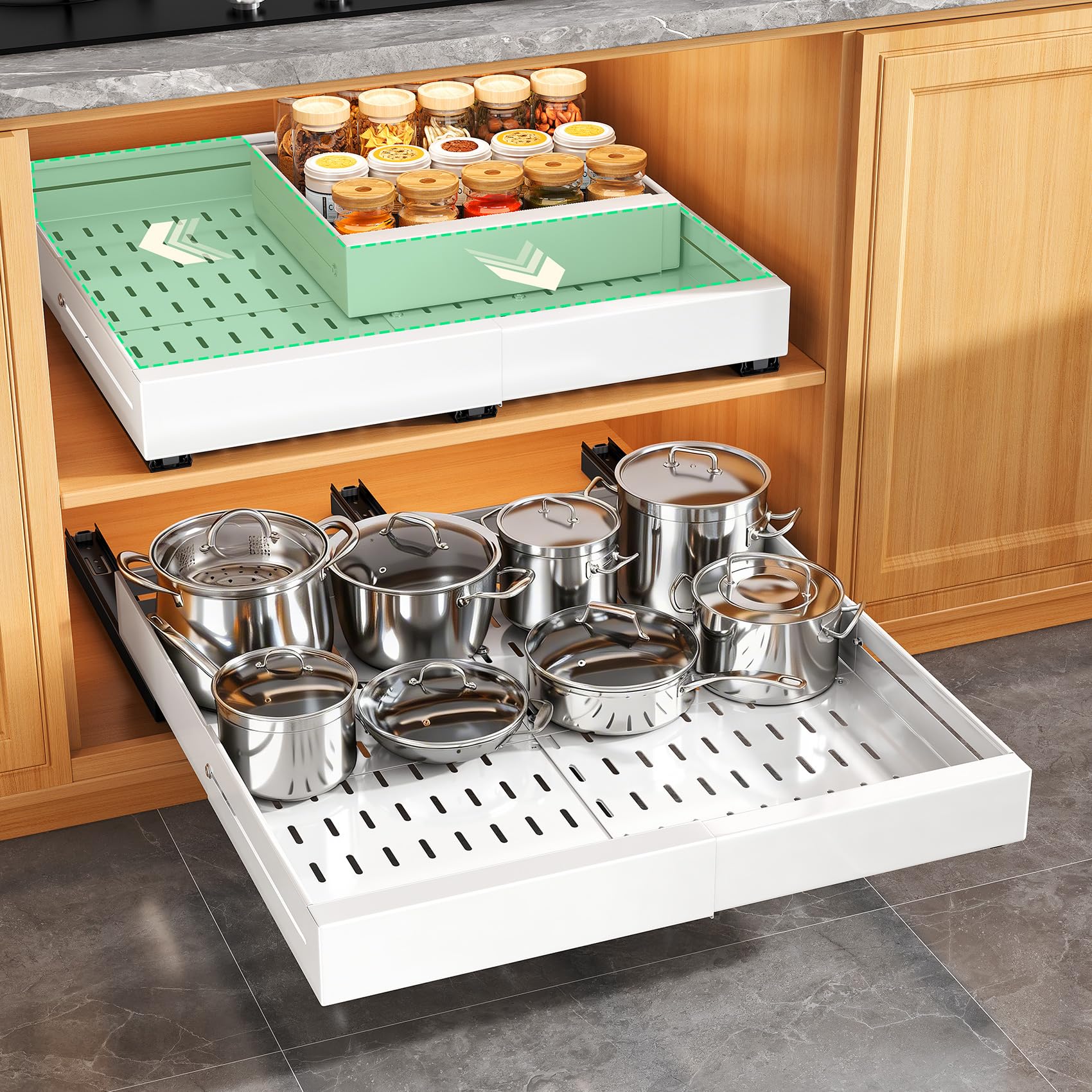 Photo 1 of 2 Pack Pull out Cabinet Organizer, Expandable Width(14"-24"), Depth(13"-24") with 3 Rails, Slide Out Drawers With Raising Pad for Framed Cabinets, with Adhesive Film for Cabinets in Kitchen, White
