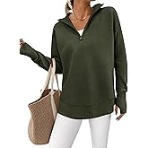 PRETTYGARDEN Womens Long Sleeve Quarter Zip Pullover Sweater Casual Loose V Neck Collared Ribbed Knit Jumper Tops Thumb Hole