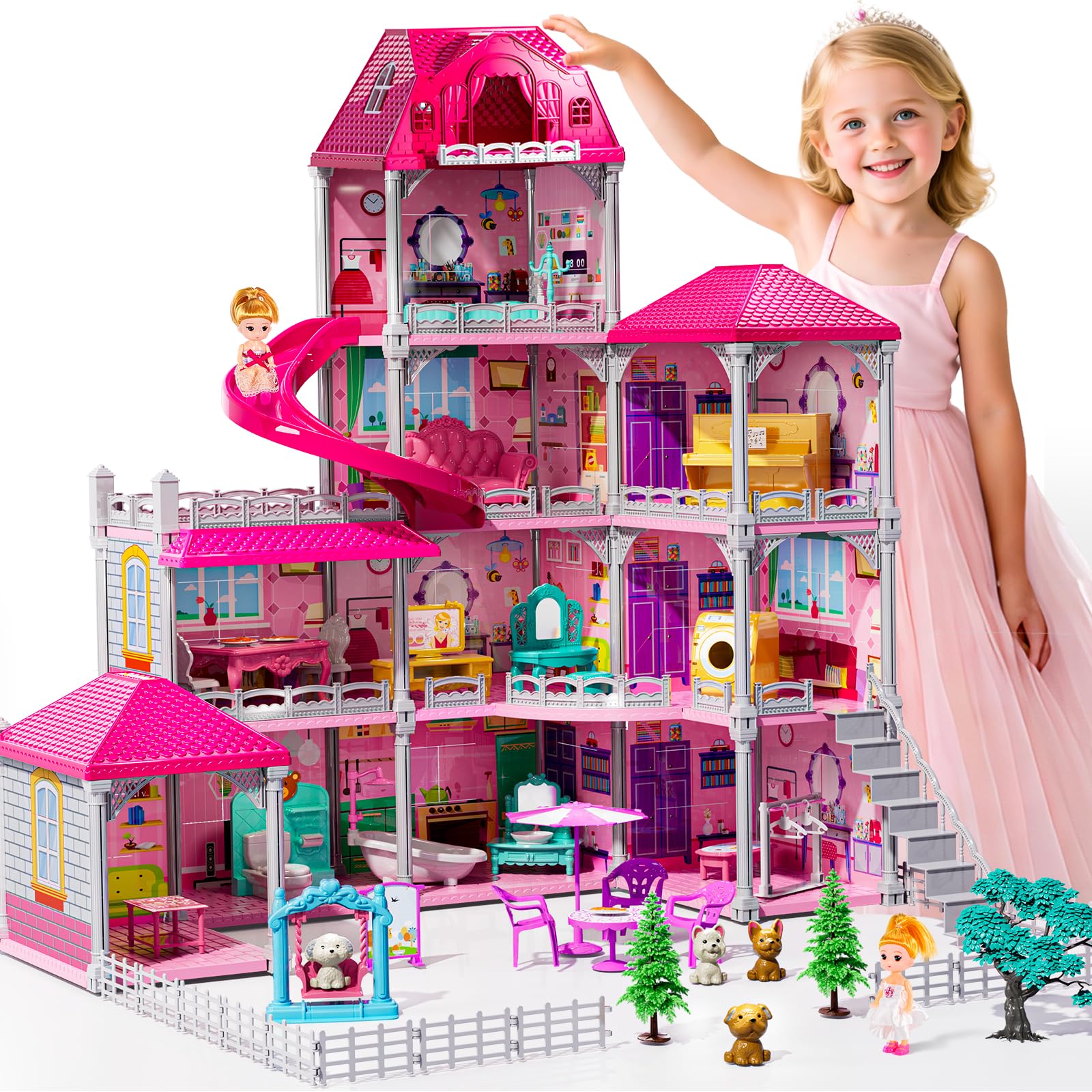 Photo 1 of JUKUDAHU Villa Playset for Girls Ages 3-7, 4-Story 10 Room House with 2 Dolls, Furniture and Accessories, Indoor Playset Girls Toys for Ages 6-8, Pretend Toddler Toy, Birthday Gifts for Kids 4-8