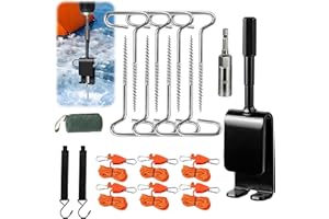 YIBOBO Heavy Duty Ice Anchor Drill Adapter Tool Kit, 19Pcs Stainless Steel Tent Stakes Set with 13FT Ratchet Ropes, Tent Hooks, Canvas Bag for Ice Fishing Shelter Setup (8Pcs Tent Stakes+6Pcs Rope Roller)