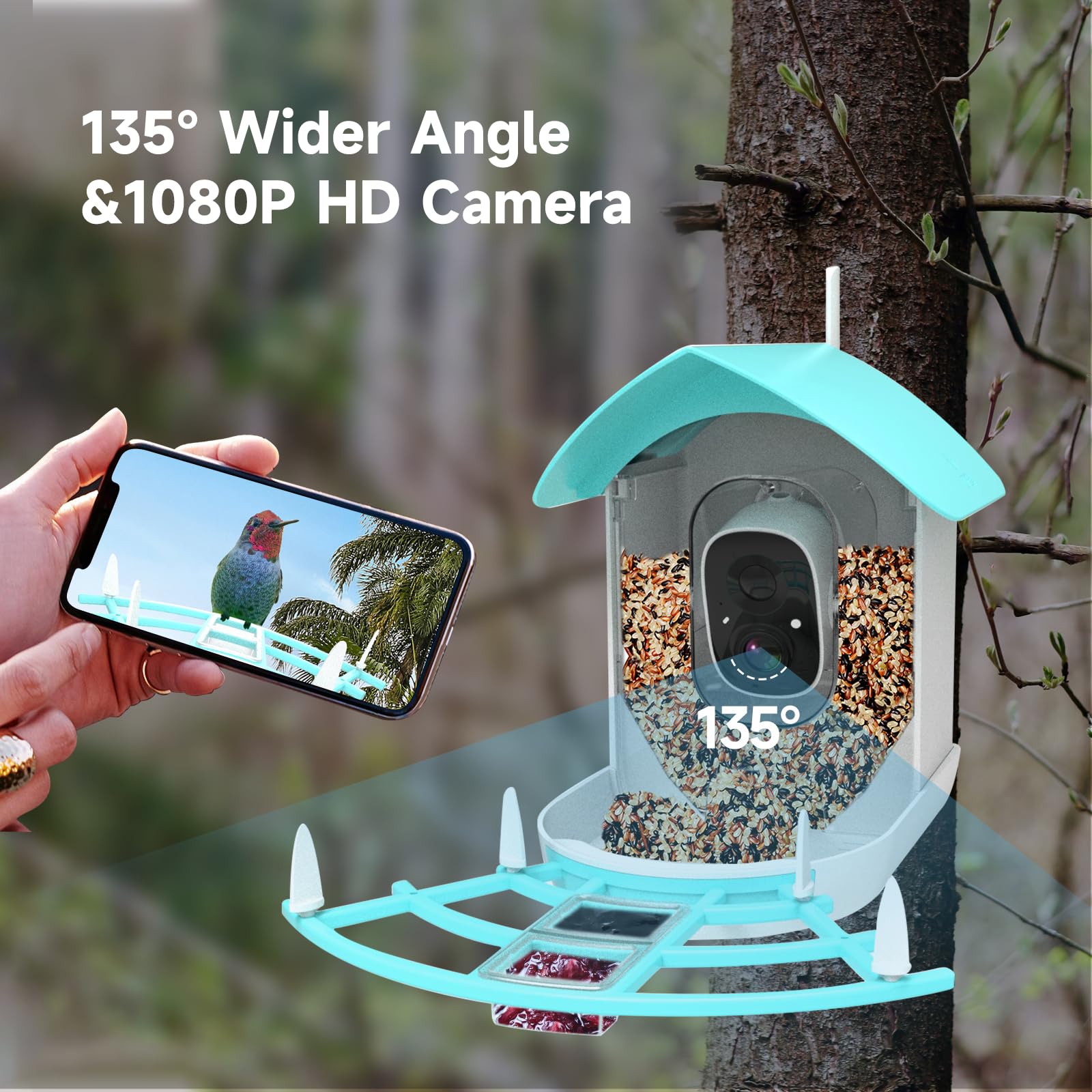 Gyozol Smart Bird Feeder with Camera,AI Identify Birds Breed,Solar Powered WiFi FHD 2K Live View Camera,Auto Capture Video,Backyard Garden Bird Watching,Motion Detection,Cloud and SD Card Storage,Blue