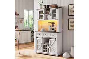 Jocisland 72" Coffee Bar Wine Cabinet with Sliding Barn Door & LED Lights, Sideboard Buffet Cabinet with Wine Bottle Rack, 3 