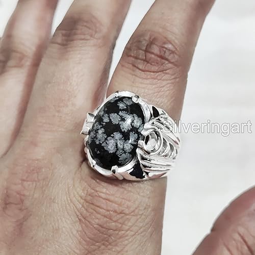 Snowflake Obsidian Mans Ring, Natural Snowflake Obsidian, Crescent