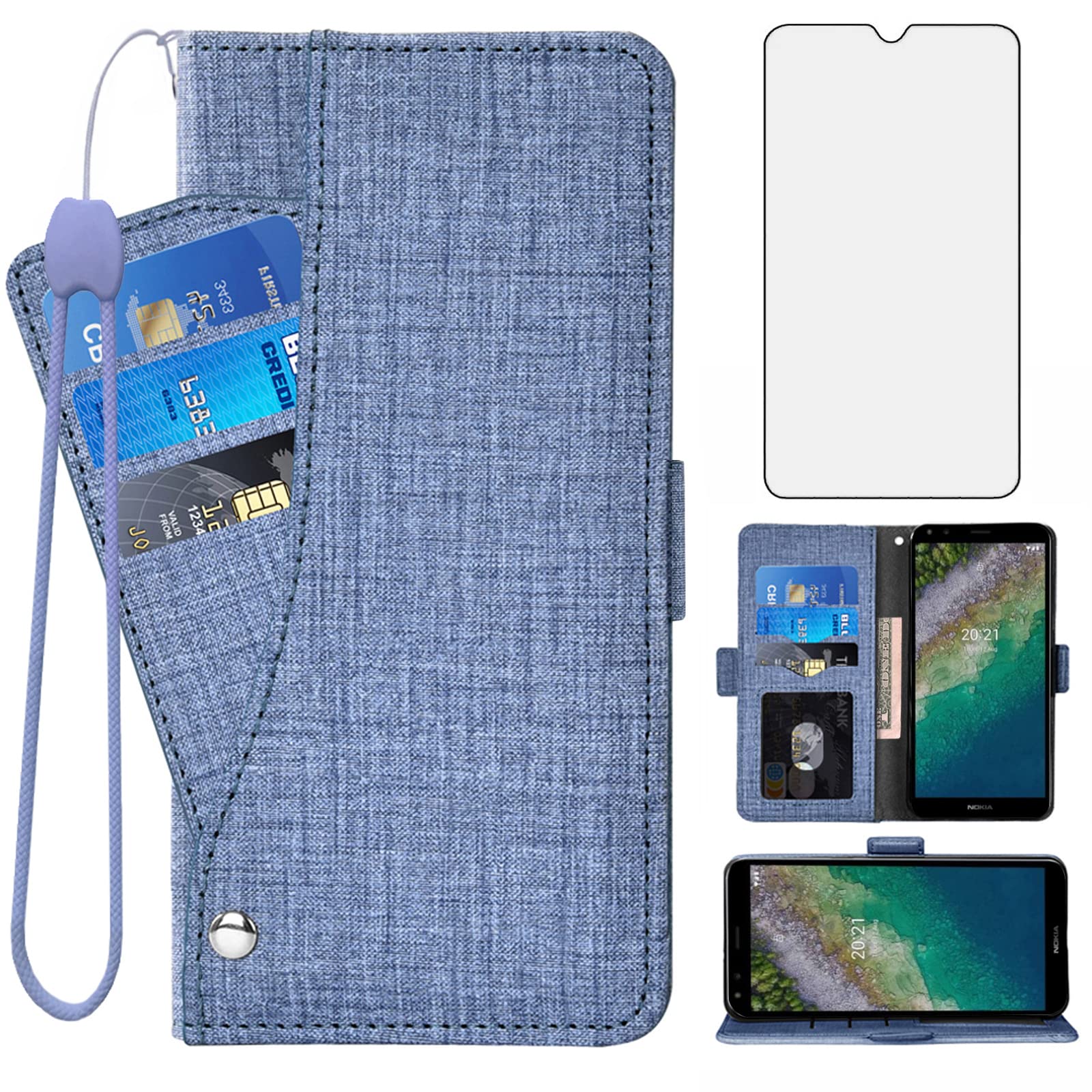 Asuwish Compatible with Nokia C01 Plus Wallet Case and Tempered Glass Screen Protector Leather Flip Cover Card Holder Stand Cell Accessories Magnetic Full Body Phone Cases for C 01 C01Case Women Blue