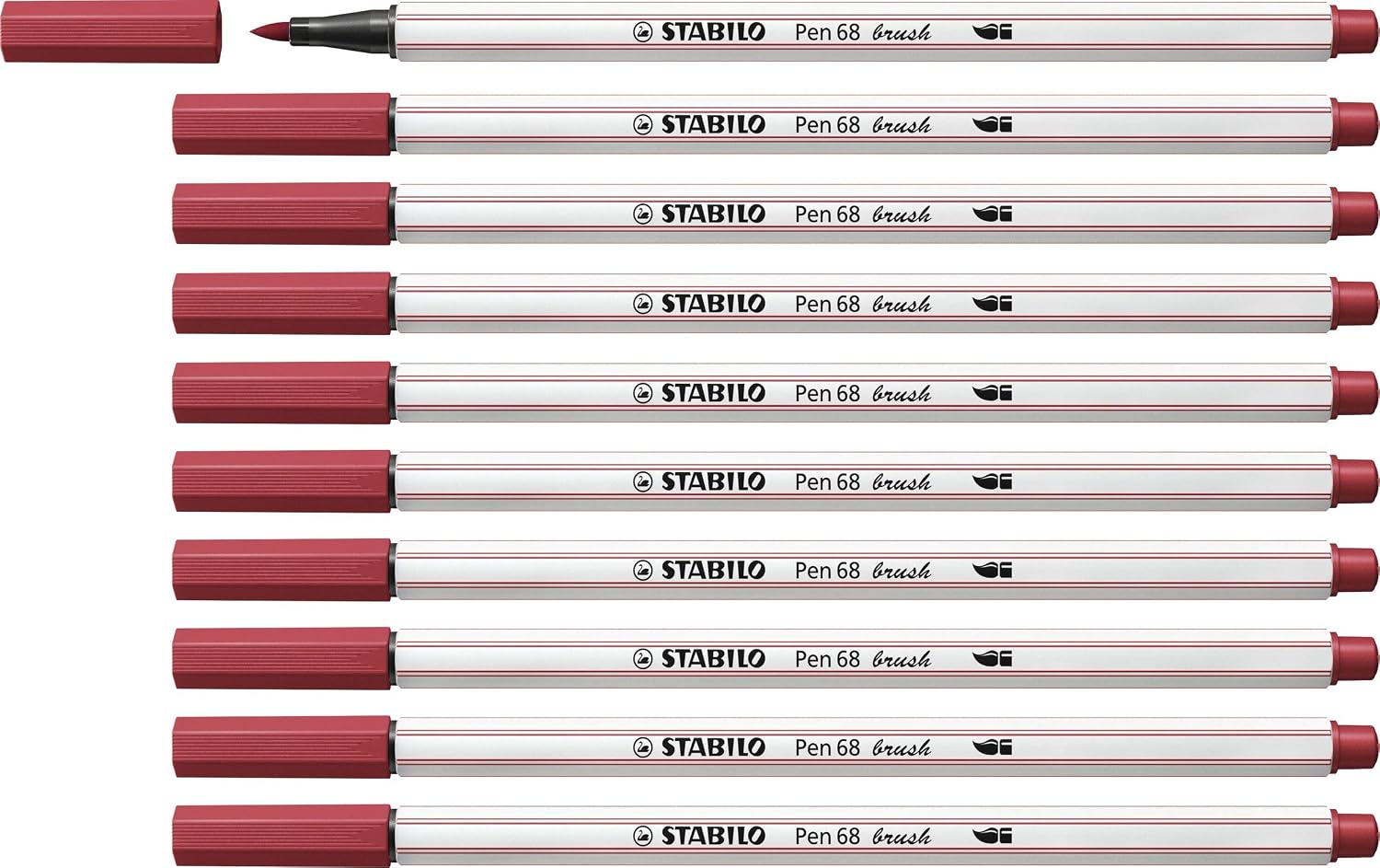 STABILO Pen 68 brush - Premium Fibre-Tip Pen with Brush Tip - Pack of 10 - Dark Red, 1 count (Pack of 10)