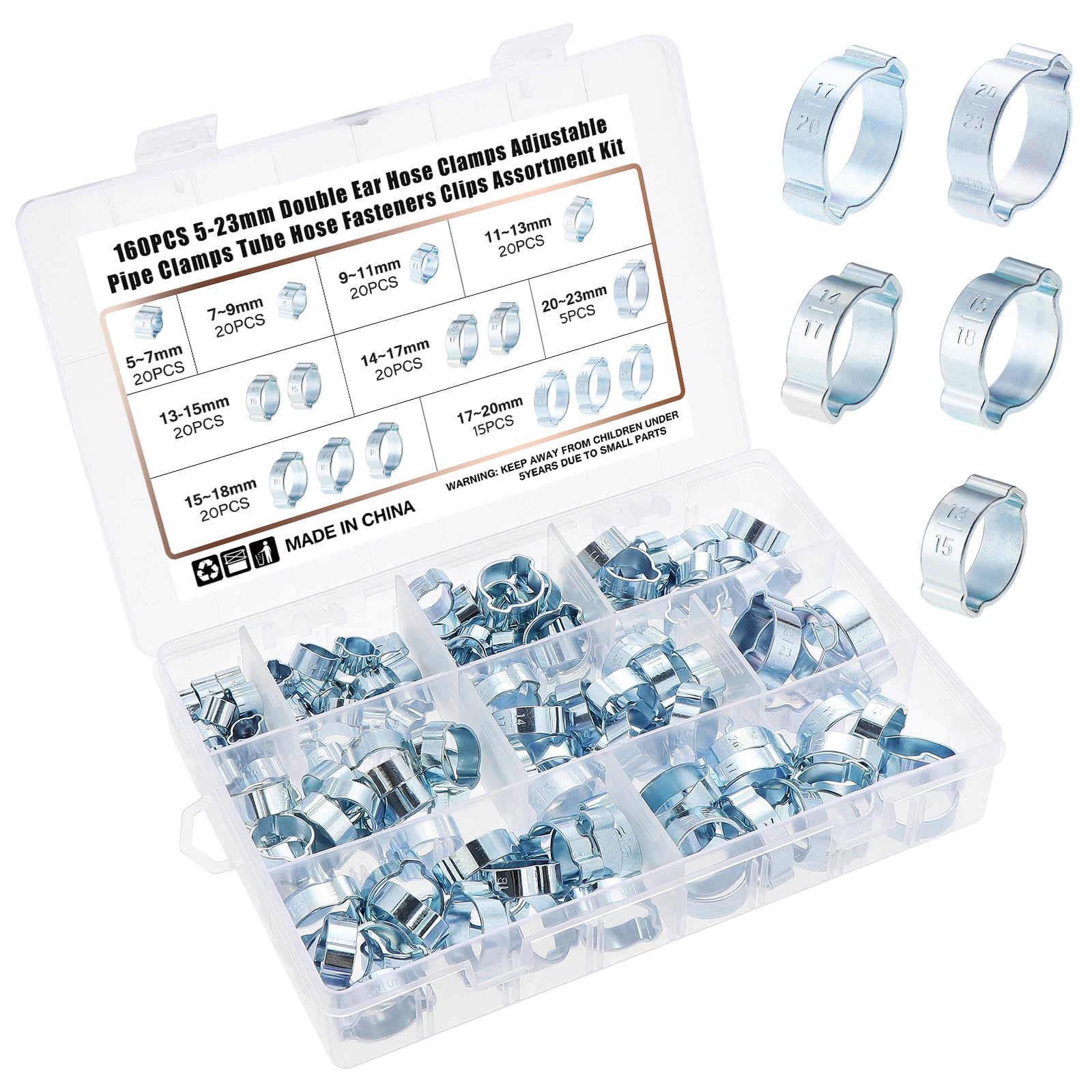 Gueenky 160PCS Double Ear Hose Clamps, 5-23mm Adjustable O Clips Double Ear Tube Pipe Clamps, 9 Sizes Zinc Plated O Clips Hose Pipe Fastener
