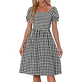 Allegra K Gingham Dress for Women Smocked Square Neck Puff Short Sleeve Side Slit Knee Length Summer Casual Plaid Dresses