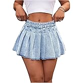 MakeMeChic Women's Pleated Denim Skirt Low Waist Raw Hem A Line Zipper Mini Jean Skirt
