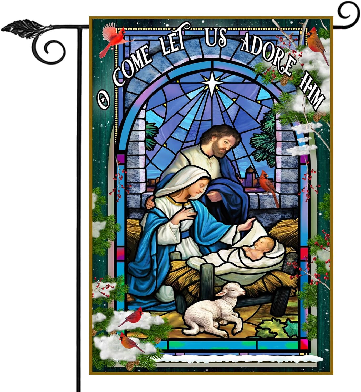 Photo 1 of HAIHAUPOD Holy Family O Come Let Us Adore Him Winter Flag, Nativity Religious Christmas Banners For Outside, Merry Flags Outdoors Garden Flag 12x18 Double Side, Xmas (Garden Flag)