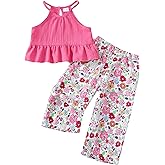 Kucnuzki Baby Girl Clothes Toddler Girl Summer Outfits Cami Ruffle Halter Tops Wide Leg Pants Kids Floral Clothing Set