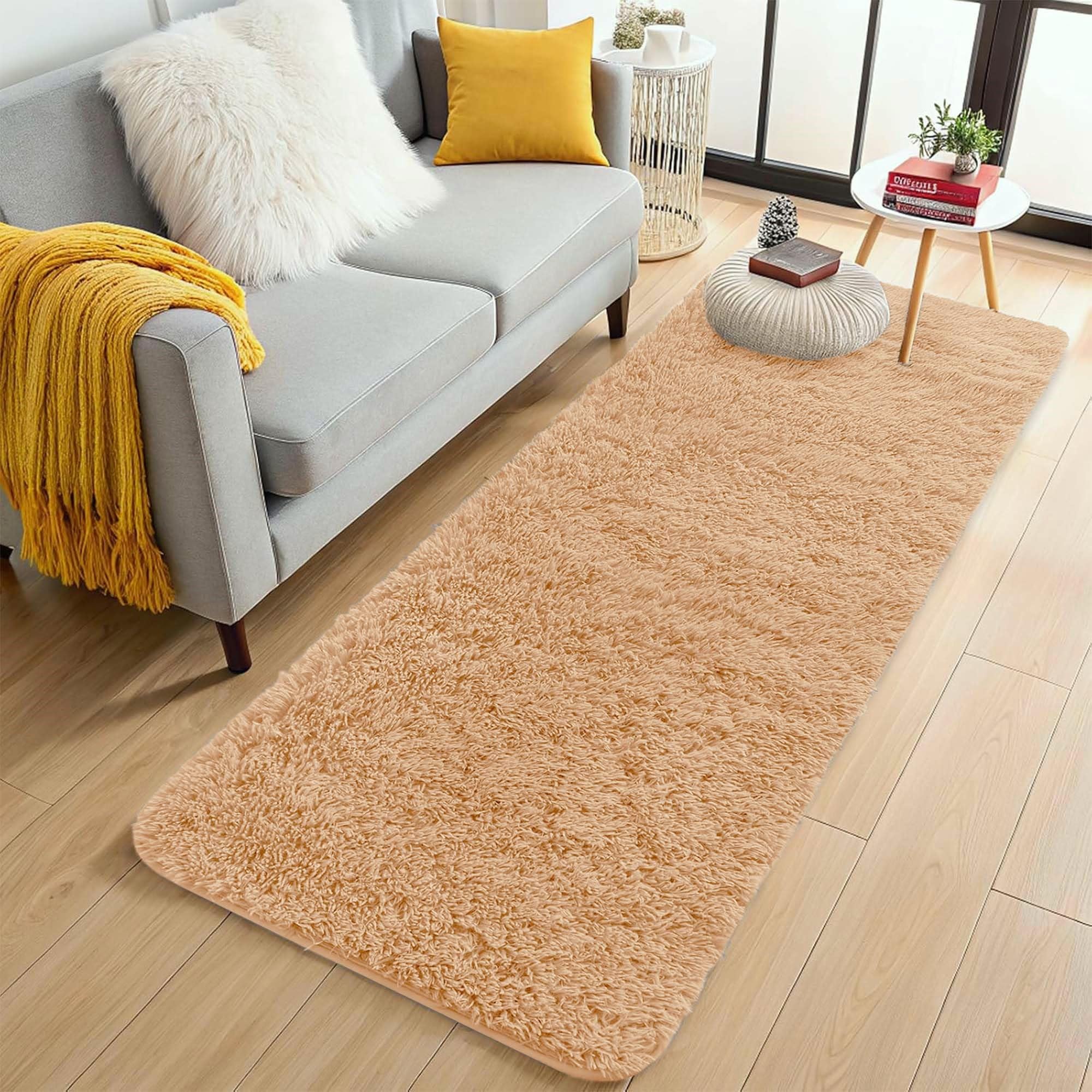 Aspire Homeware Beige Fluffy Bedroom Rug – Lounge Area Rugs 60x220 cm Living Room Large Plush Carpet Modern Soft Shaggy Pile Faux Fur Rug for Home