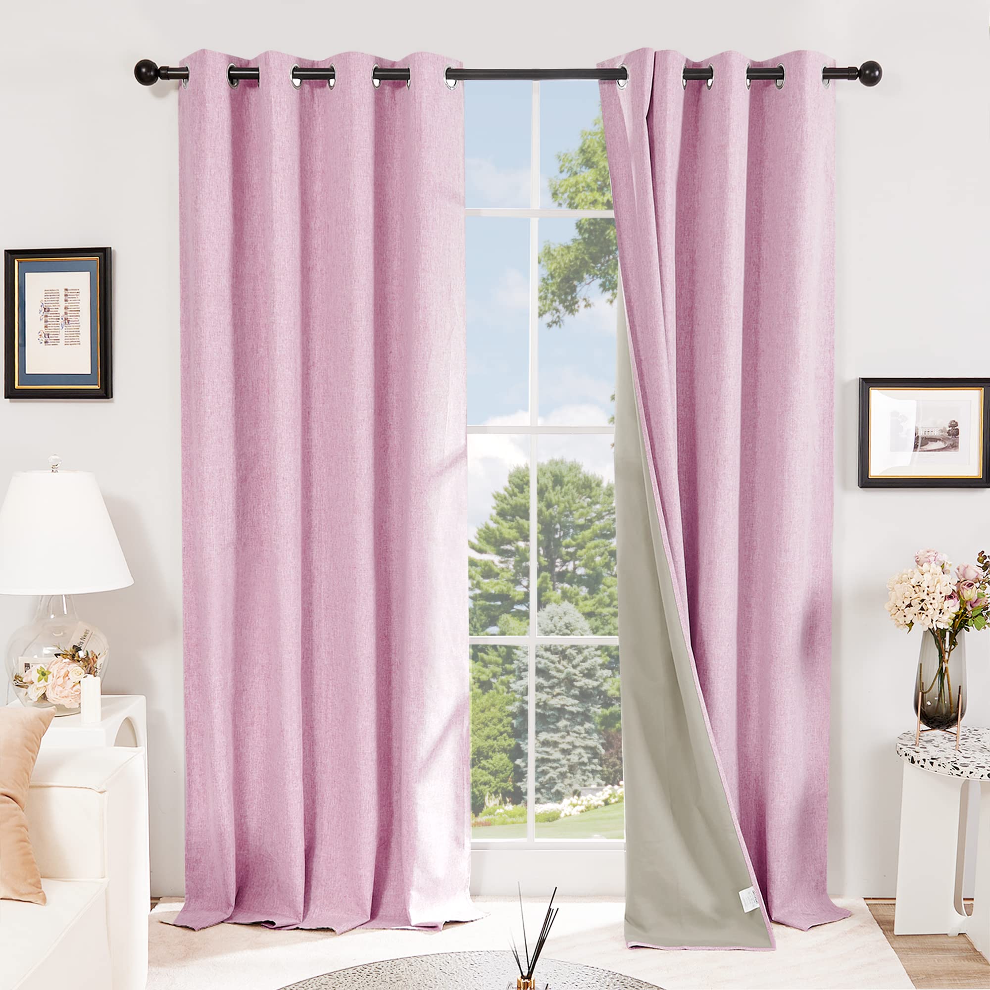 Deconovo 100% Blackout Curtains Faux Linen Window Teatments Eyelet Curtains Blackout Thermal Insulated Curtains for Girls Bedroom Pink W46 x L54 Inch One Pair