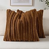 FUTEI Brown Decorative Throw Pillow Covers 18x18 Inch Set of 2,Soft Fluffy Faux Rabbit Fur Thick & Thin Striped Textured Cushion Case,Modern Home Decor for Couch Bed Living Room