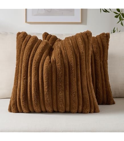 AmHoo Pack Of 2 Faux Rabbit Fur & Velvet Throw Pillow Covers - 20x20 Inch, Cream White Striped, Super Soft, Hidden Zipper
