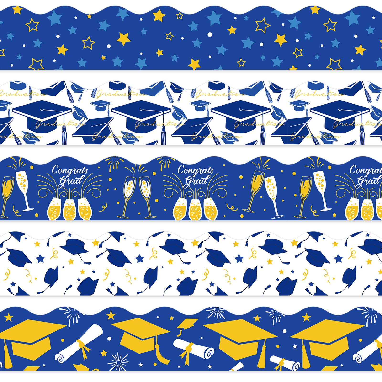 Photo 1 of Whaline 69Ft Graduation Bulletin Board Border Blue Gold Graduation Cap Star Wineglass Adhesive Trim Border for Congrats Grad Party Decor