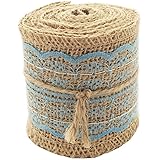 LWR CRAFTS Natural Burlap Ribbon with Lace (Blue)