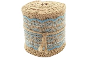 LWR CRAFTS Natural Burlap Ribbon with Lace (Blue)