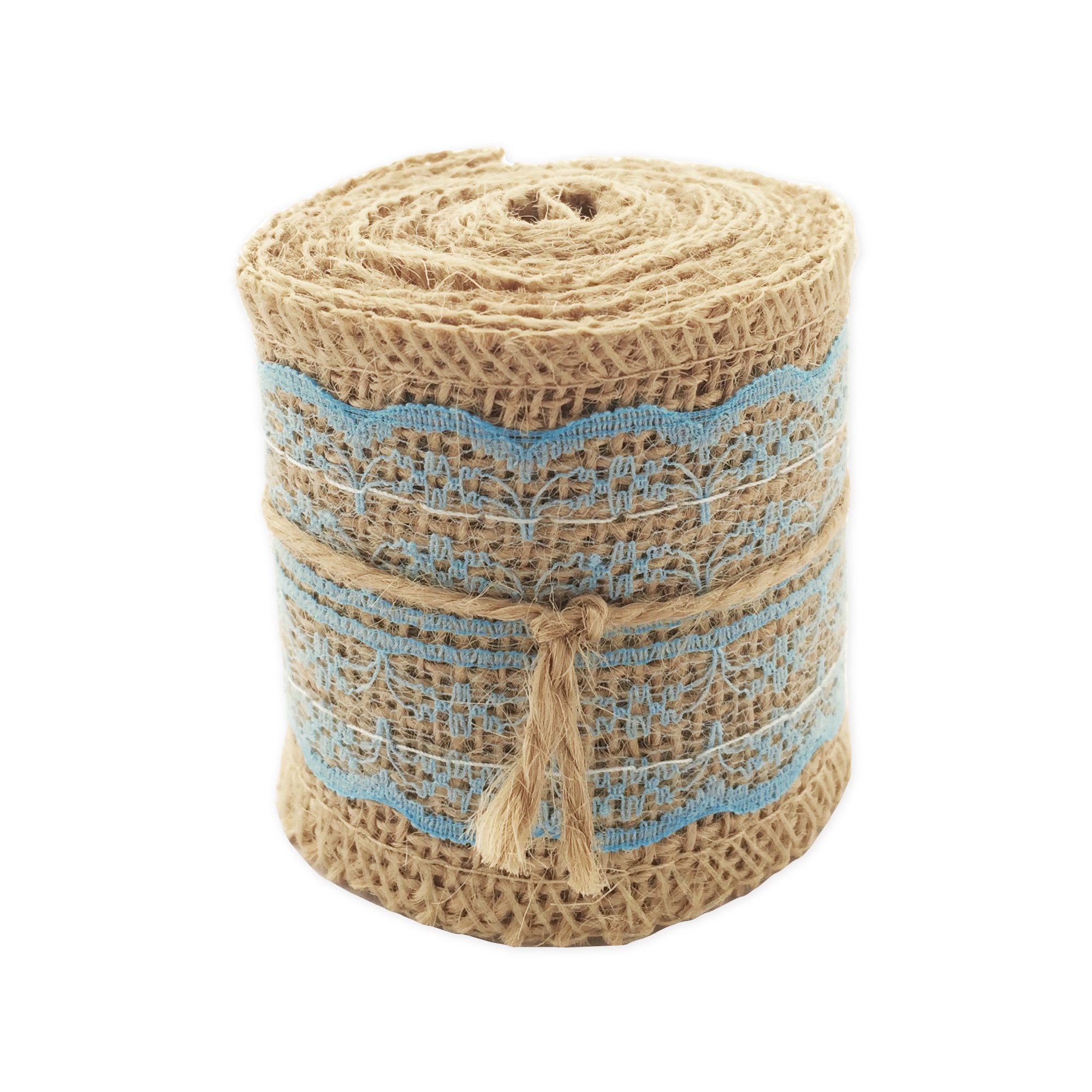 LWR Crafts Natural Burlap Ribbon with Lace (Blue)