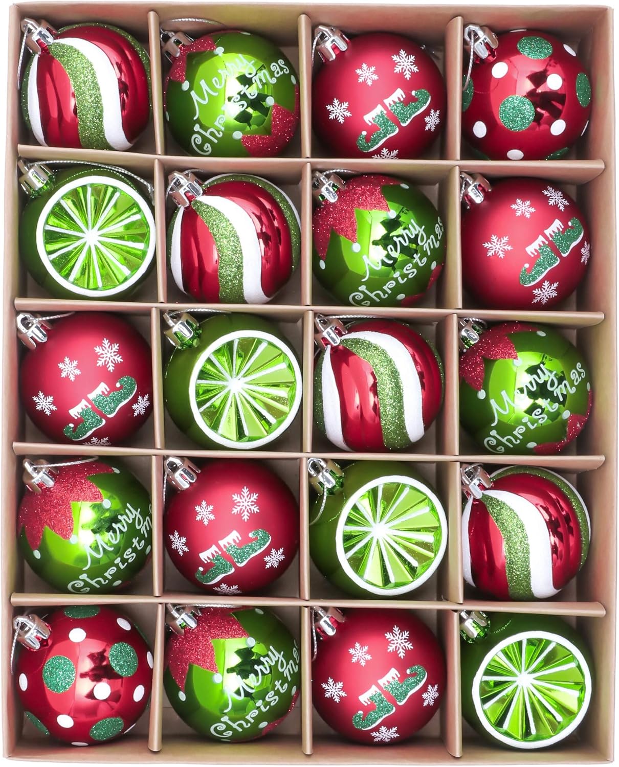 Victor's Workshop Christmas Baubles Set 20pcs 60mm, Red Green and White Christmas Ball Ornaments for Xmas Tree Decorations