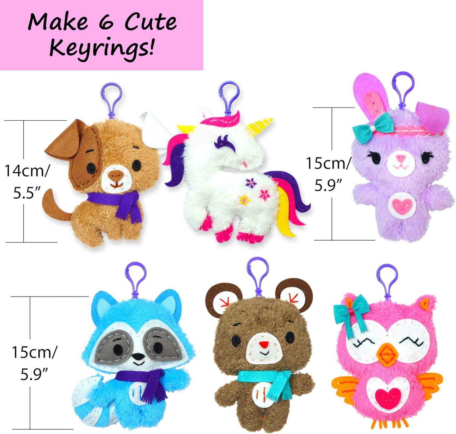 KRAFUN Unicorn Sewing Keyring Kit for Kids Ages 7-12, Beginner Craft Set including 6 Stuffed Dolls (Bear, Dog, Rabbit - Image 3
