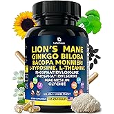 LetaGreen Organic Lions Mane Supplement Capsules - 120 Real Mushrooms Lion's Mane Capsules with Ginkgo Biloba Herb, Bacopa Monnieri, L Theanine, L Tyrosine - Mushroom Complex for Daily Wellness