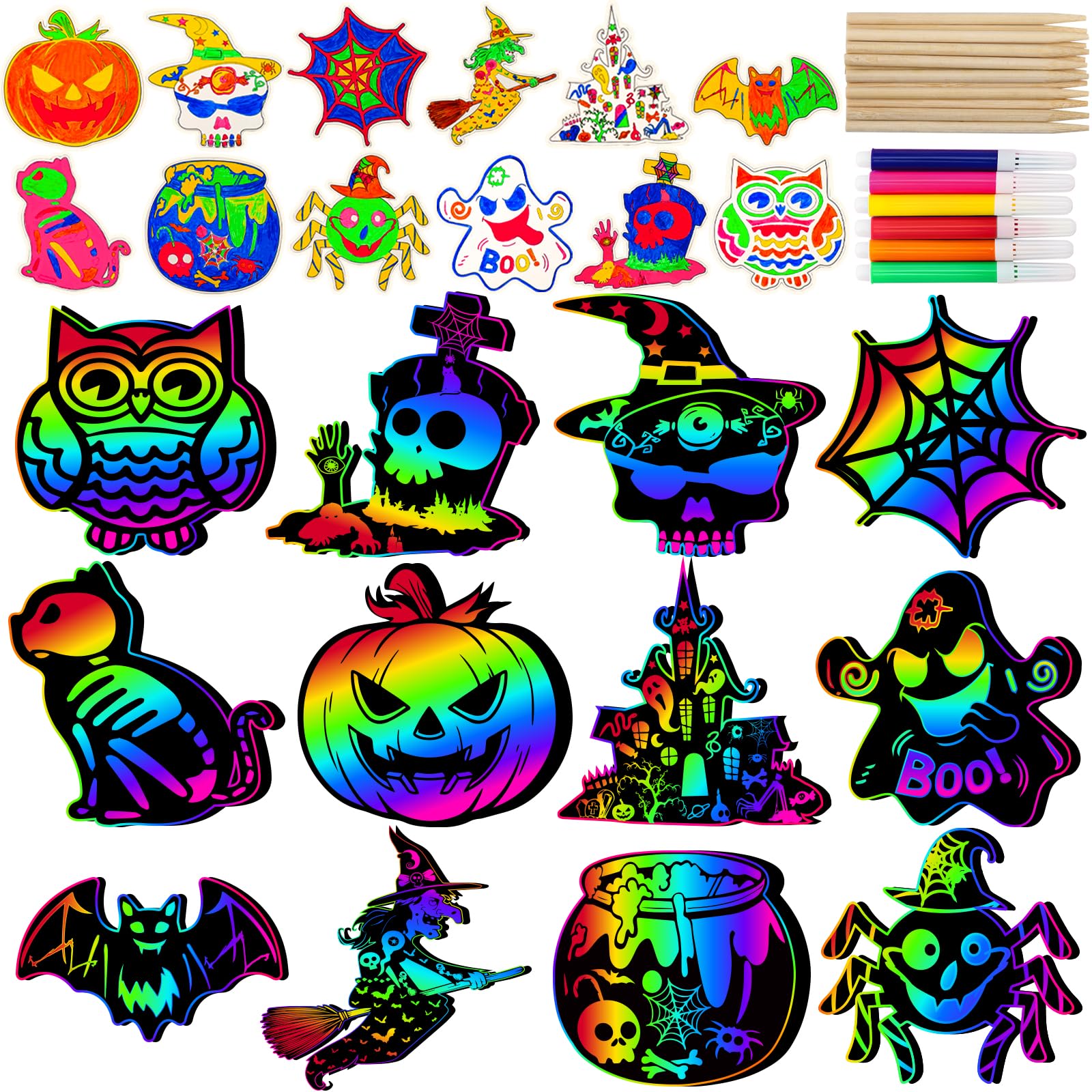 Photo 1 of Natonhi Halloween Crafts Scratch Art for Sudent, 96PCS Halloween Games Magic Rainbow Scratch Paper Off Cards Set for Sudent Classroom Activities Crafts Party Favors