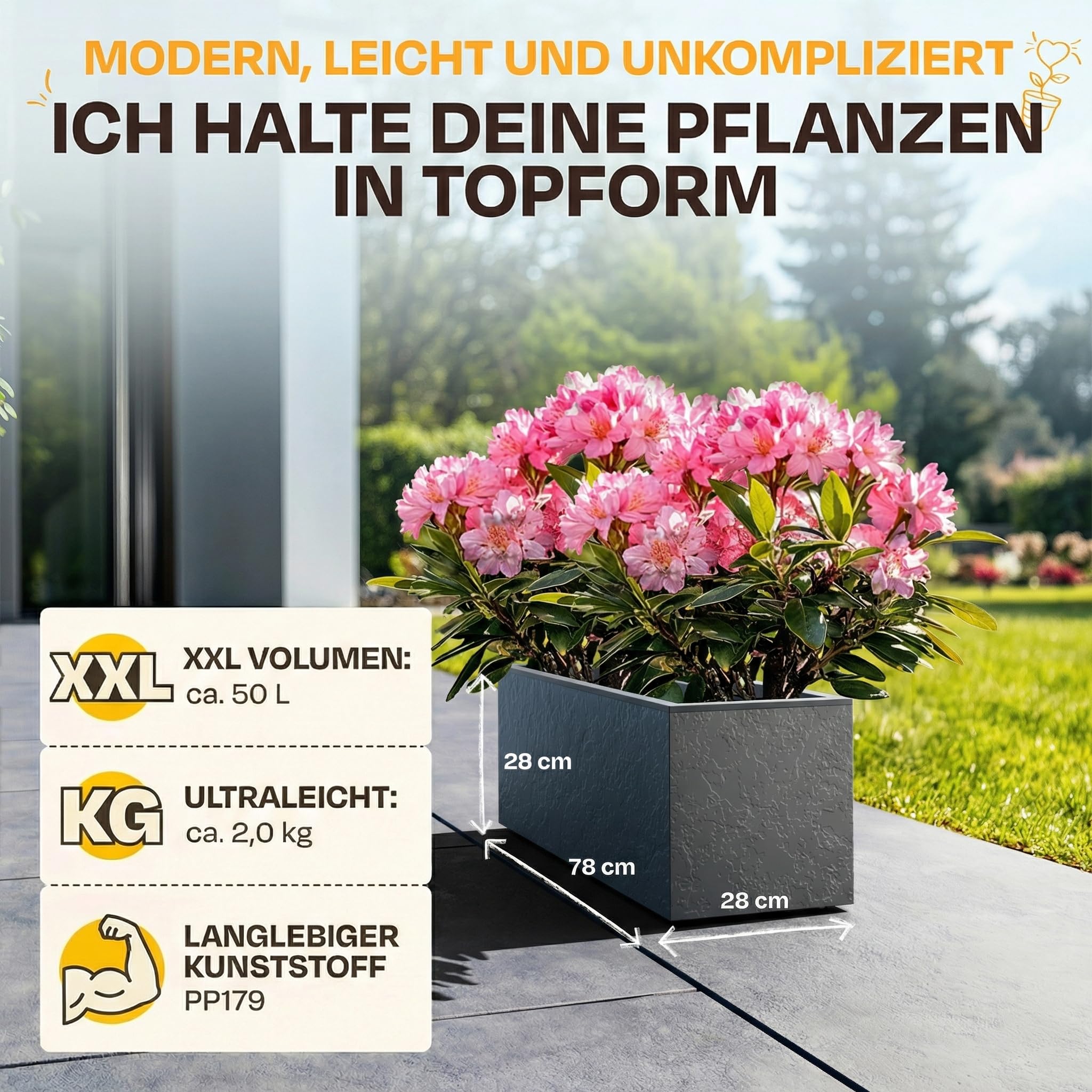 Ondis24 2X Pflanzkübel Vulkano, je 50L Pflanzvolumen, rechteckig, Blumenkasten mit Wasserspeicher, Balkon Terrasse, Blumenkübel, Doppelpack (Anthrazit) 2