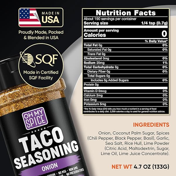 TACO SEASONING MIX ONION POWDER – GLUTEN FREE & LOW SODIUM MEXICAN SEASONING BLEND FOR TACO TUESDAY NIGHT. ONION SALT SPICES MIX FOR FAJITA & BURRITO. MEAT, CHICKEN & FISH TACOS SEASONINGS. 4.7OZ