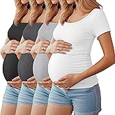 Huukeay 4 Pack Women's Maternity Shirts Scoop Neck Maternity Top Short Sleeve Casual Tee Side Ruched Pregnancy Clothes