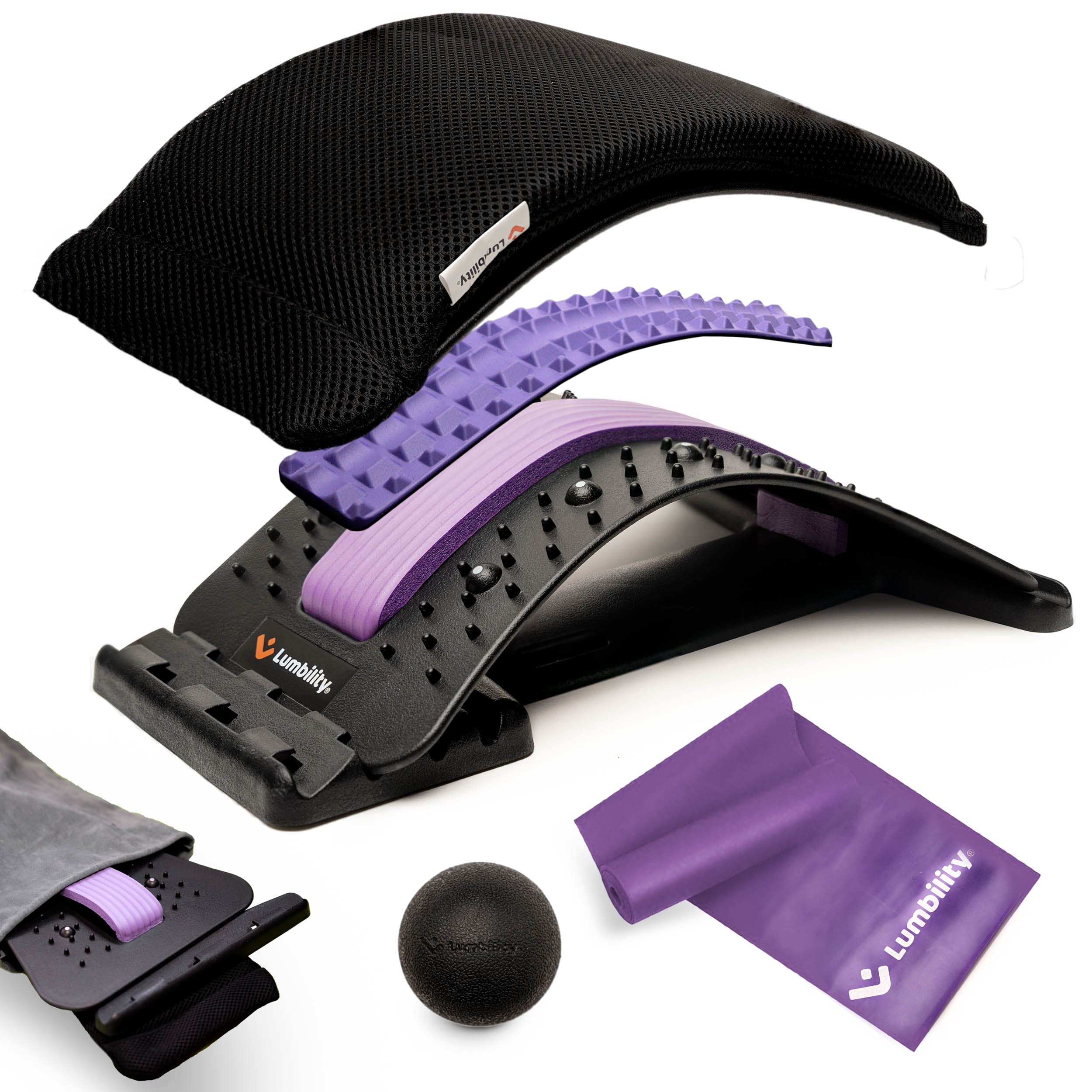 Back Stretcher for Lower Back Pain Relief - Lumbar Decompression Device with Massage Ball & Resistance Band for Sciatica, Herniated Disc - Chiropractic Grade Posture Corrector