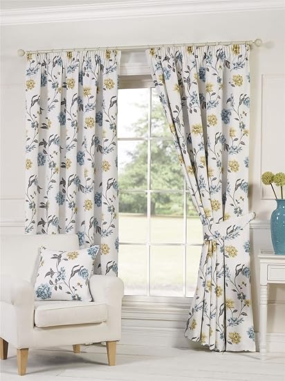 Geneva Curtains Floral Vine Blue Teal Lemon 66 X 90 Ready Made