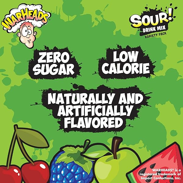 WARHEADS SINGLES TO GO SOUR DRINK MIX, 30 STICKS, VARIETY PACK (GREEN APPLE, BLACK CHERRY, WATERMELON, BLUE RASPBERRY), ZERO SUGAR, LOW CALORIE