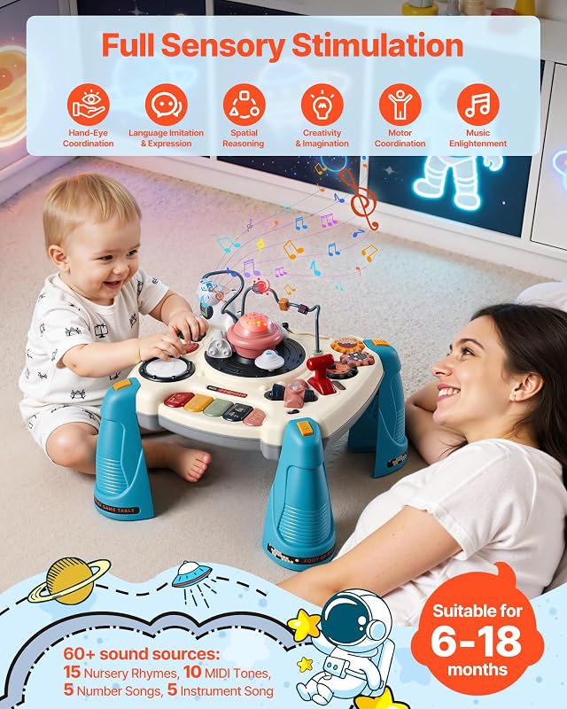 Aktivitätstisch, Spieltisch inkl. 12 Spiele & 60 Klangquellen, Lerntisch mit Weltraumthema, Sanft Leuchtendem Sternenprojektor, Interaktiver Kindertisch, Entdeckertisch für Kinder 6-18 Monate