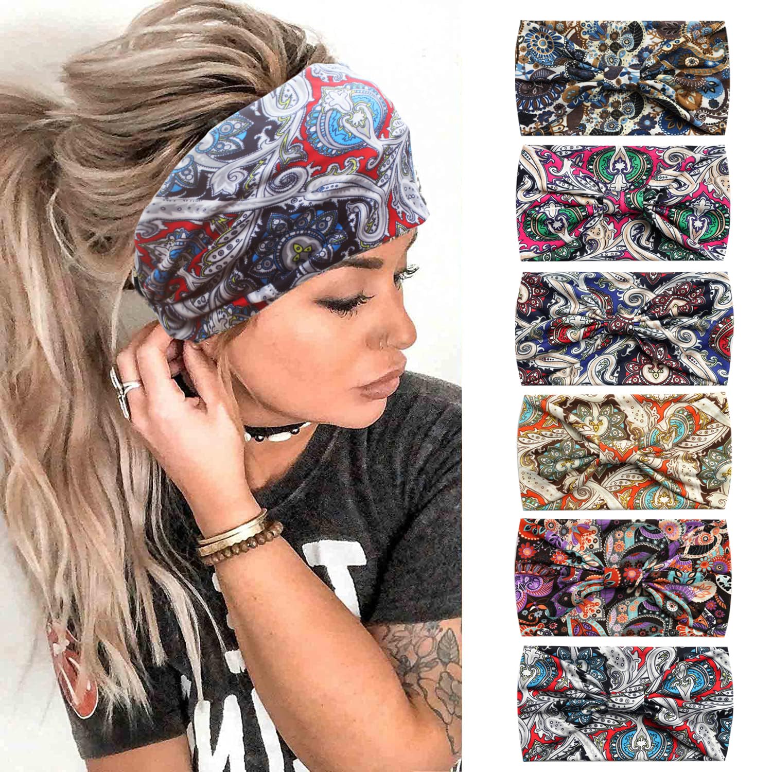 6PCS Headbands for Women Wide Boho Head Scarfs Non Slip Bandanas Hairbands Elastic Hair Accessories Knotted Turbans Head Wrap Adult (ColCashew) — image 1