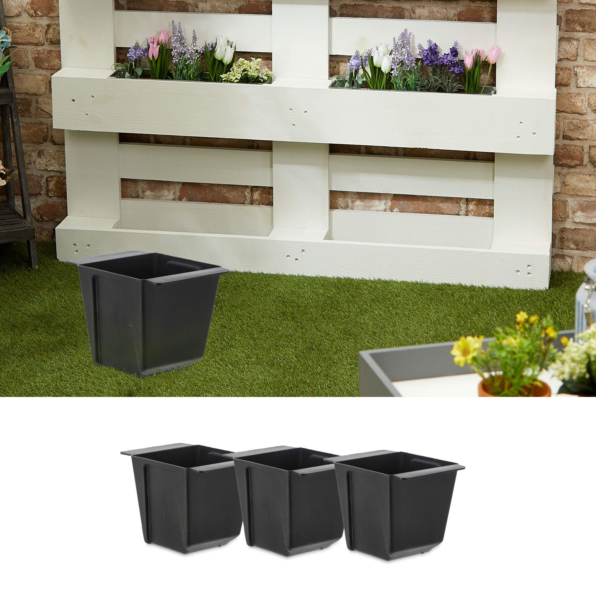 Cepewa Euro Pallet Planter Set, 4 Black Plastic Boxes, Width 13.8 cm, Outdoor Use