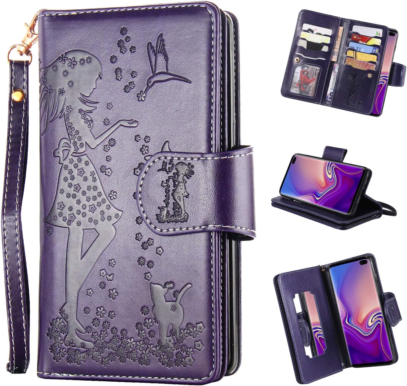 Samsung Galaxy S10 Plus Case,Galaxy S10+ Wallet Case,FLYEE 9 Card Slots High Capacity PU Leather Magnetic Protective Cover with Mirror and Wrist Strap for Galaxy S10 Plus 6.4 inch-Purple