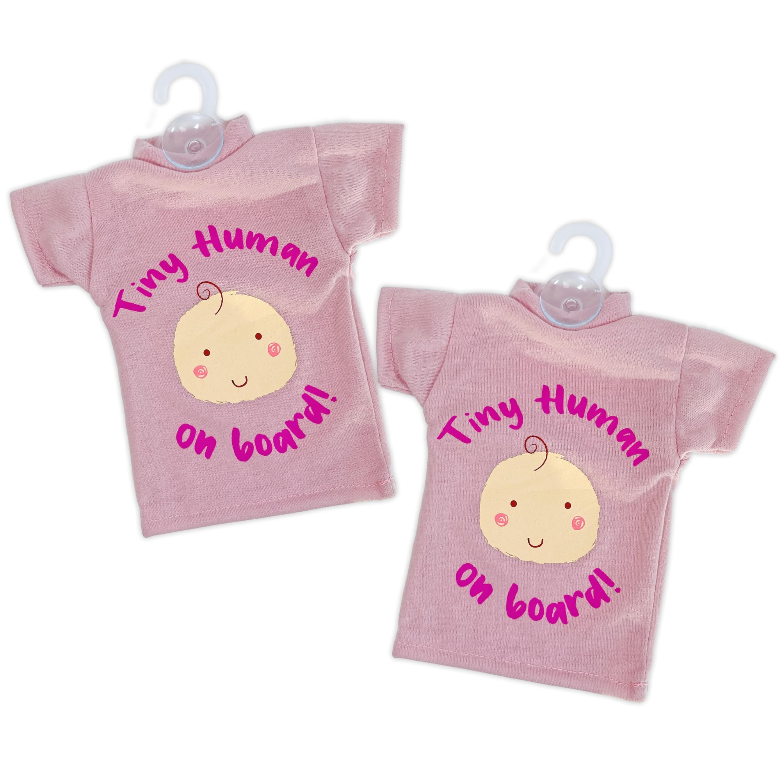 Tek Automotive Tiny Human Baby On Board Car Sign – Cute Pink T Shirt Shaped Window Sign with Suction Cups, Twin Pack