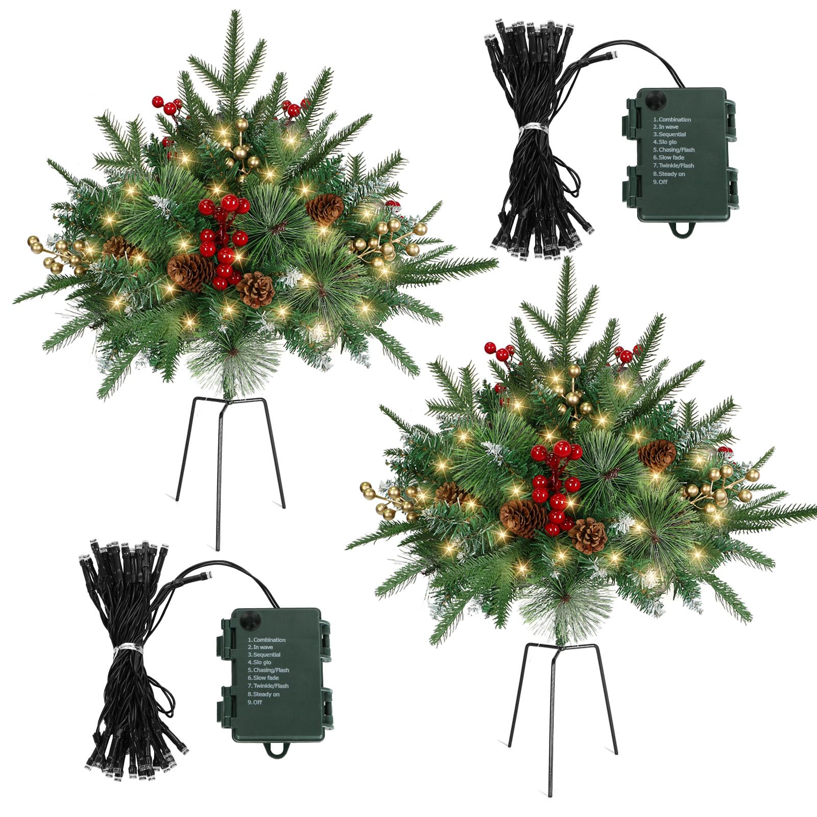 Photo 1 of 2 Pack 26 Inch Artificia Outdoor Christmas Pot Planter fillers Trees, Operated Pre-lit Xmas Christmas Urn Filler Pine Trees, Tripod Stake and LED Lights, Holiday Décor for Porch, Yard, Flower Beds.