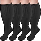Tinojye 4 Pairs Plus Size Compression Socks,Extra Wide Calf 20-30 mmHg Knee High Compression Socks for Men Women Circulation