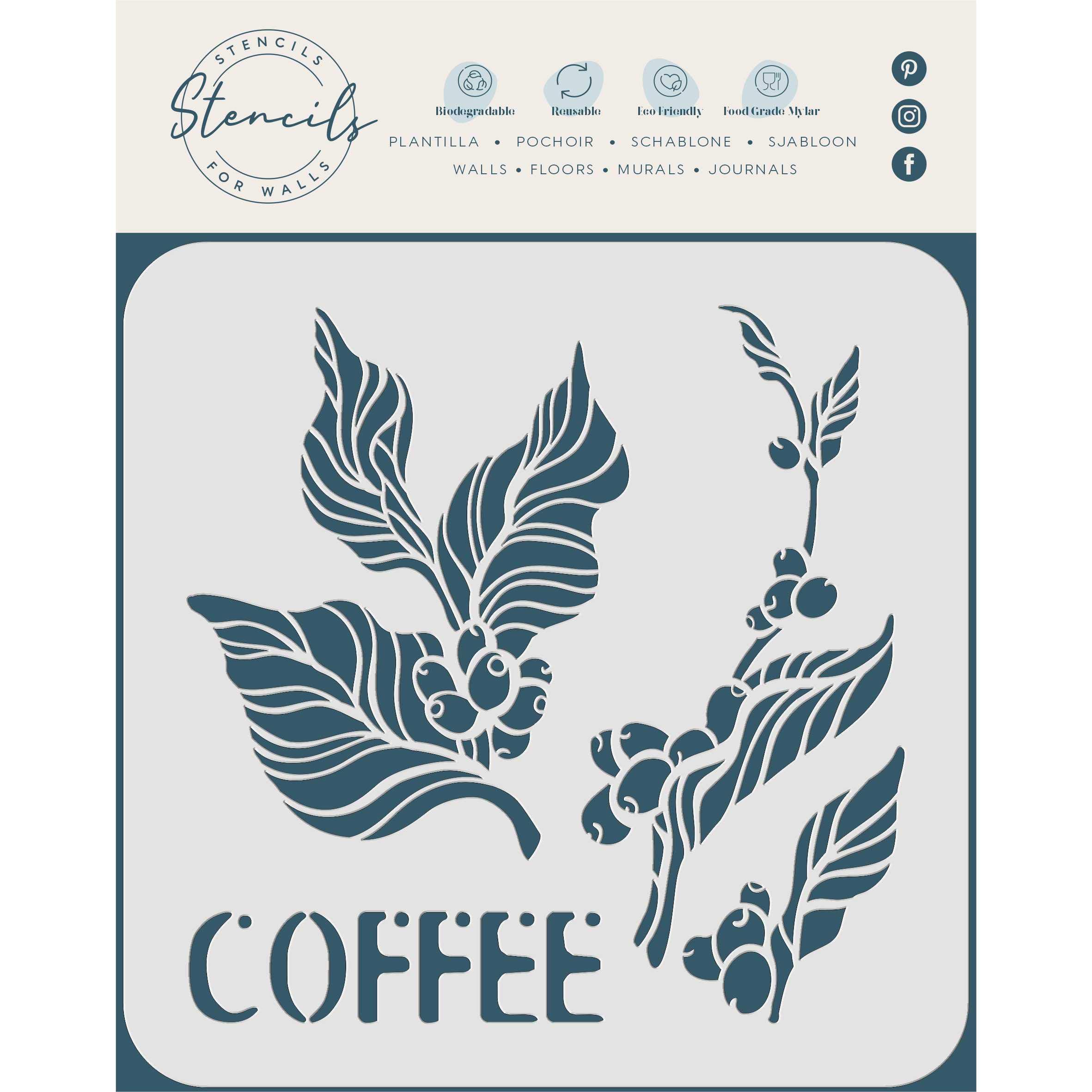 Coffee Stencil, 25.4 x 25.4 cm (M) - Coffee Bean Plant Word Art Stencils for Painting Template