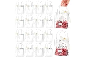 Ohuimrt 50 PCS Clear Plastic Gift Bags with Handles, Reusable Party Favor Bags with Ribbon Transparent Gift Wrap Bags Bulk for Weddings Birthdays, 5.9 x 4.92 x 2.75 Inches