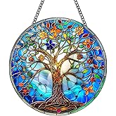 Tree of Life Suncatcher 8 Inch Stained Glass Window Hanging Diamond Chain Hooks – Indoor/Outdoor Wall Art Home Décor -Gift for Women Men Valentine's Day Thanksgiving Ornaments Festival Gifts