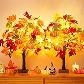 Fall Decor 2 Pack 24 Inch Lighted Fall Maple Tree Fall Decorations for Home,Tabletop Fall Trees 48 LEDs Battery Powered with 8pcs Pumpkin Ornaments Halloween Thanksgiving Decorations Indoor