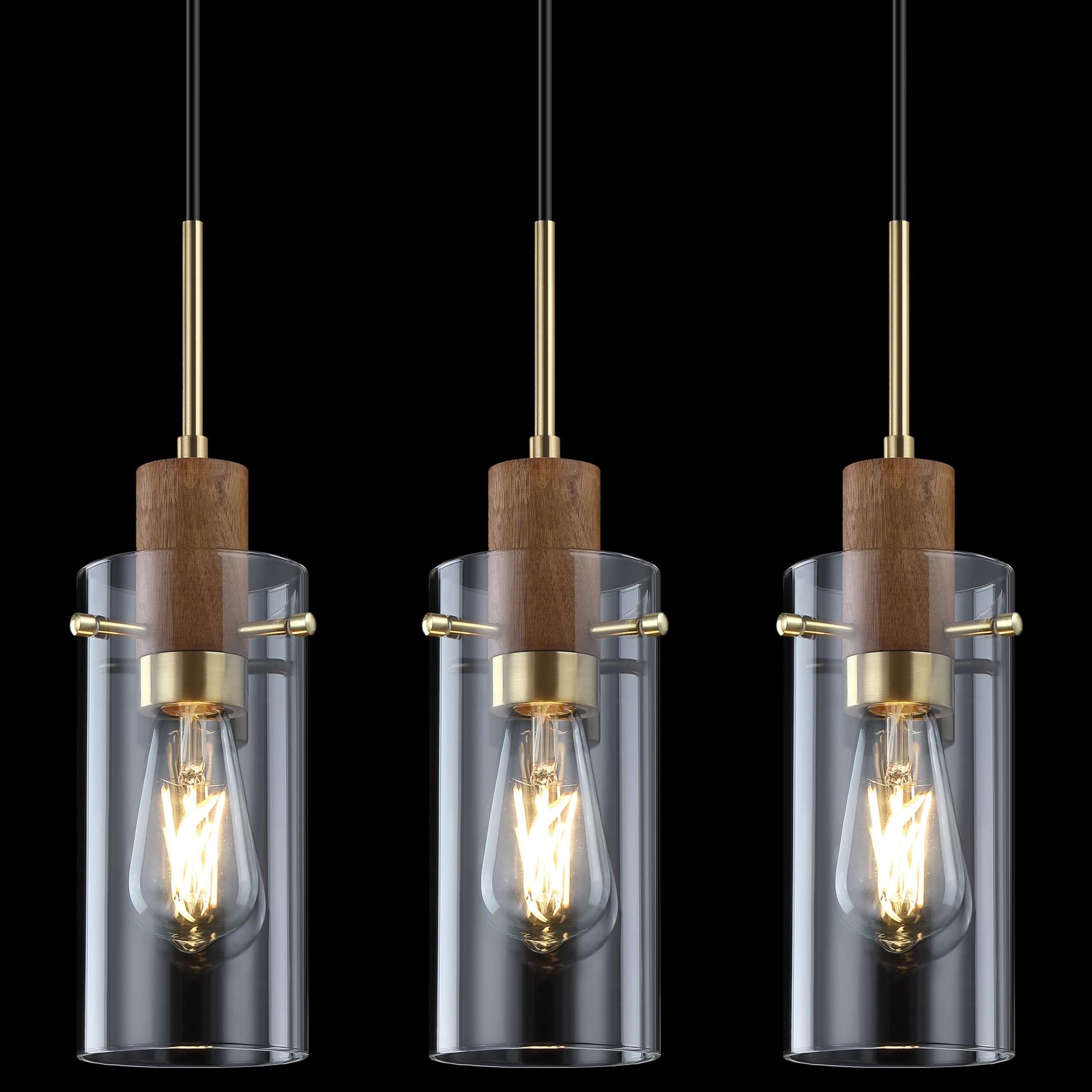 Photo 1 of 3 Pack 1 Light Modern Industrial Farmhouse Hanging Kitchen Island Pendant Ceiling Light Fixtures,Wood Clear Glass Brushed Bronze Finish Over Sink Restaurant bar Corridor
