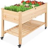 Best Choice Products Raised Garden Bed 48x24x32-inch Mobile Elevated Wood Planter w/Lockable Wheels, Storage Shelf, Protectiv