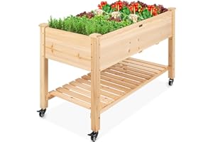 Best Choice Products Raised Garden Bed 48x24x32-inch Mobile Elevated Wood Planter w/Lockable Wheels, Storage Shelf, Protective Liner - Natural