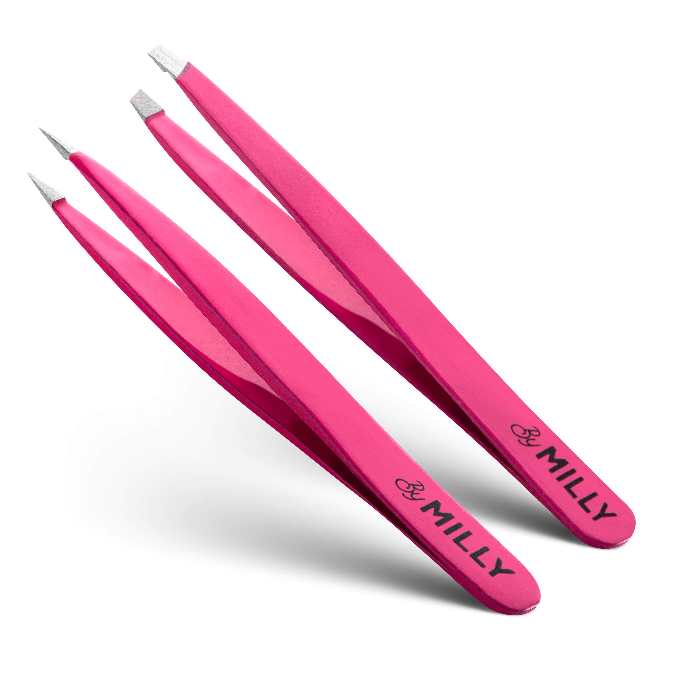 By MILLY Precision Tweezers Set | Slanted and Pointed Tip Tweezers Kit | High Carbon Stainless Steel | Aligned & Hand-Filed Tweezer Set Professional | Hair Removal & Eyebrow Tweezer Set | Pink
