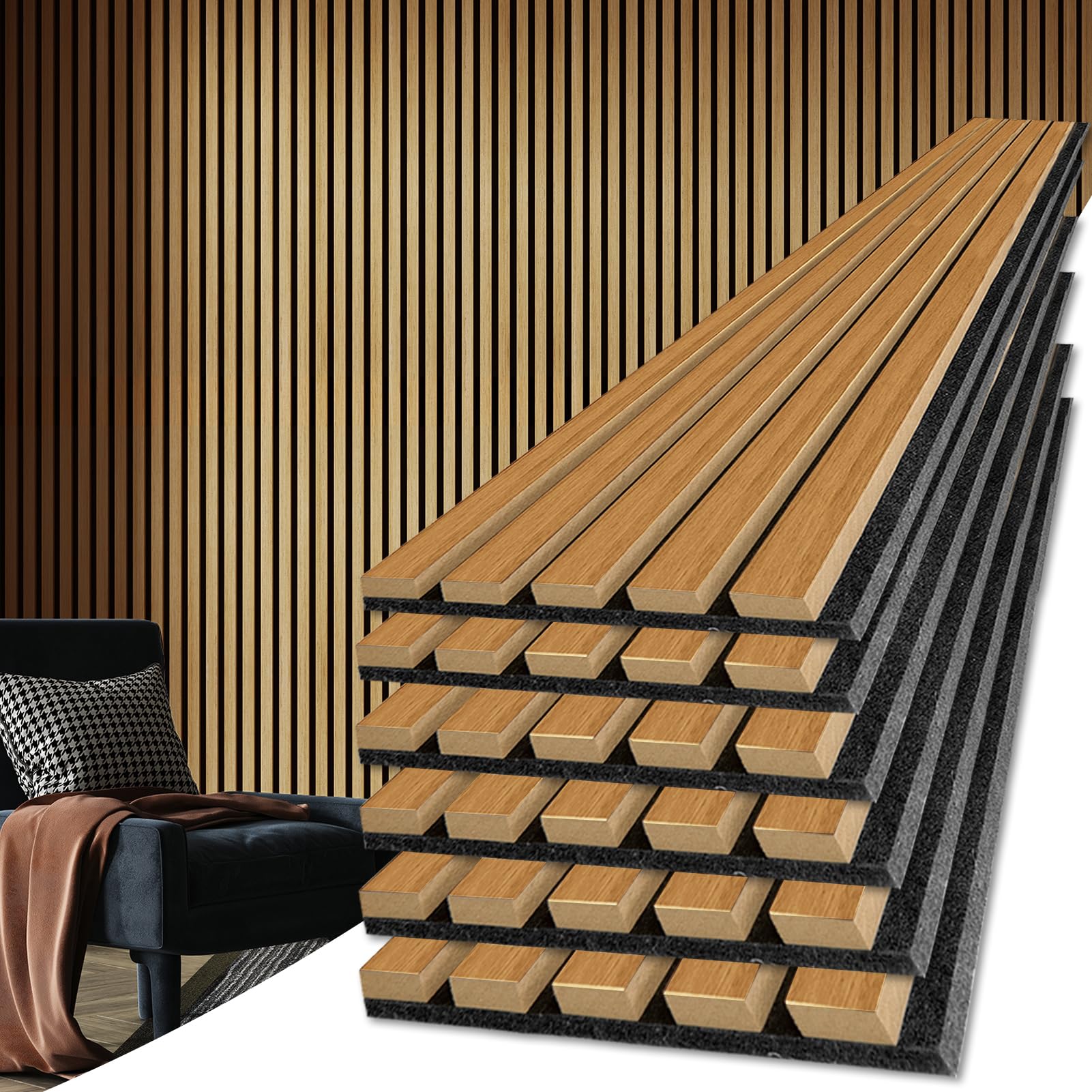 Photo 1 of Art3d 6-Pack Acoustic Wood Slat Wall Panels for Interior Decor, 3D Fluted Sound Absorbing Wood Paneling for Accent Wall Ceiling Kitchen Living Room Bedroom Office, 94.5 x 7.9 inch Warm Teak