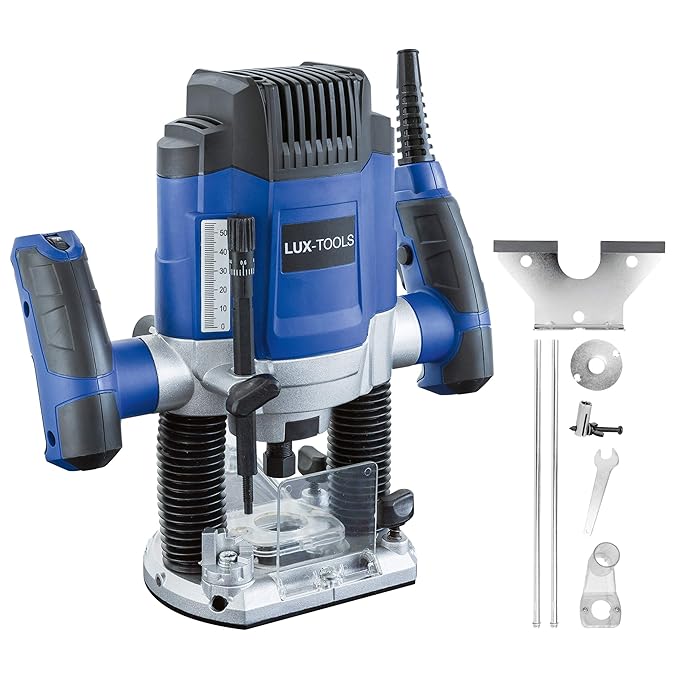 LUX-TOOLS OF-1200 A Oberfräse mit Tiefen-Feineinstellung inkl. Zirkel, Parallelanschlag, Staubsaugeranschluss & Spannzangen (
