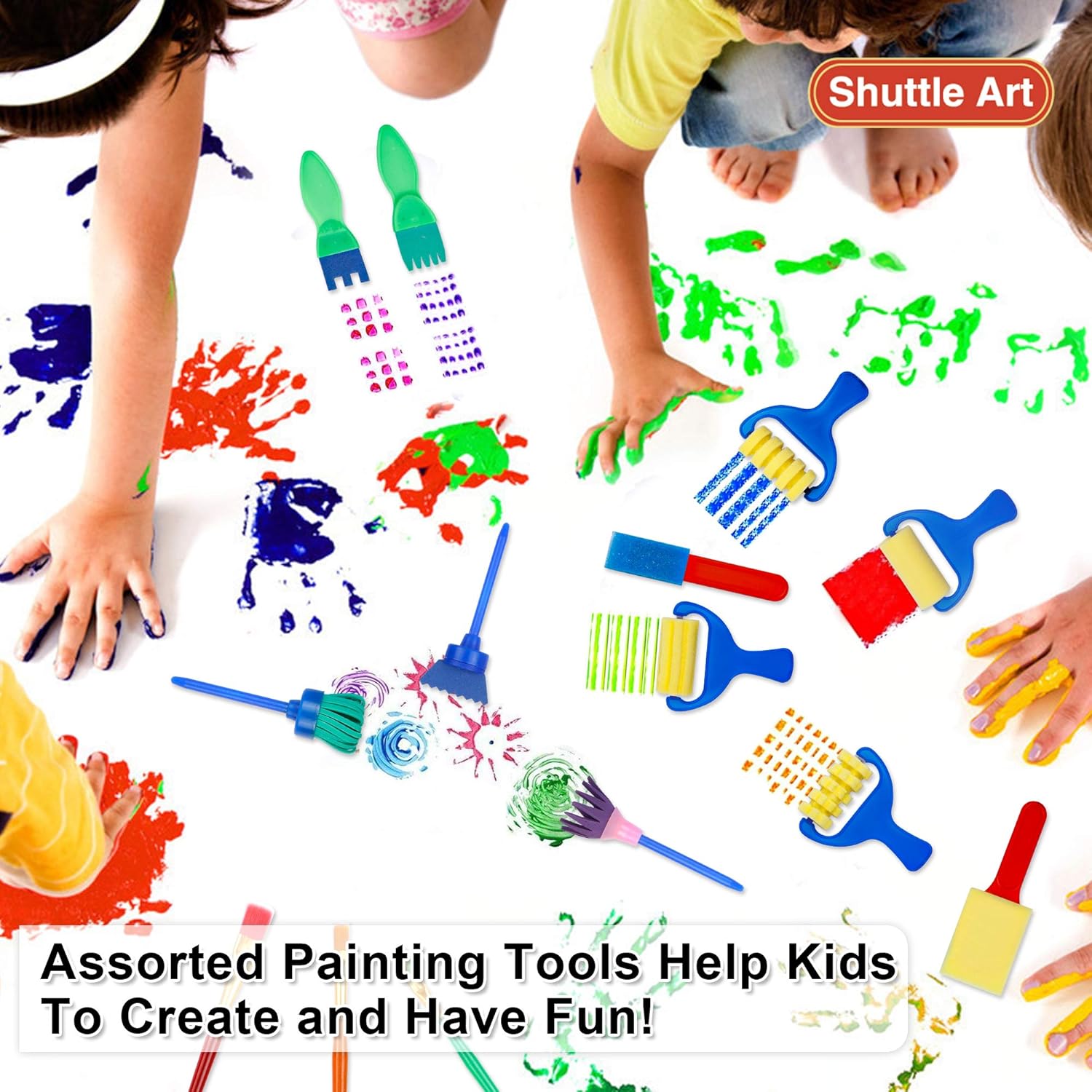 Washable Finger Paint Set, Shuttle Art 46 Pack Kids Paint Set with 14 Colors(60ml) Finger Paints, Brushes, Finger Paint Pad, Sponge, Palette, Smock, NonToxic for Toddlers Home Activity Early Education: Toys & Games